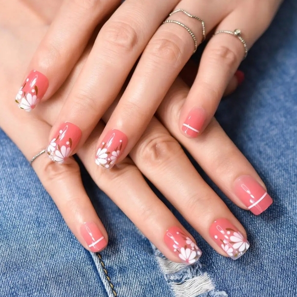 🐢2/$15 Peachy Red with Summer Flower Press On Nails - Picture 2 of 9